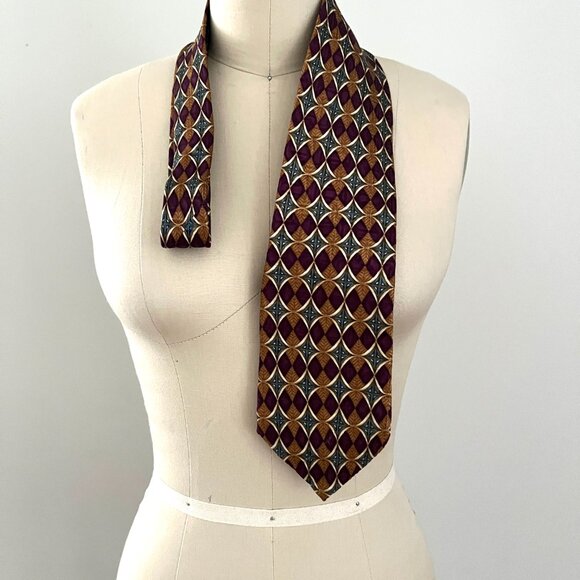 Ferrell Reed Handsewn Imported Silk Maroon Diamond Gold Beige Blue Necktie - Picture 4 of 4